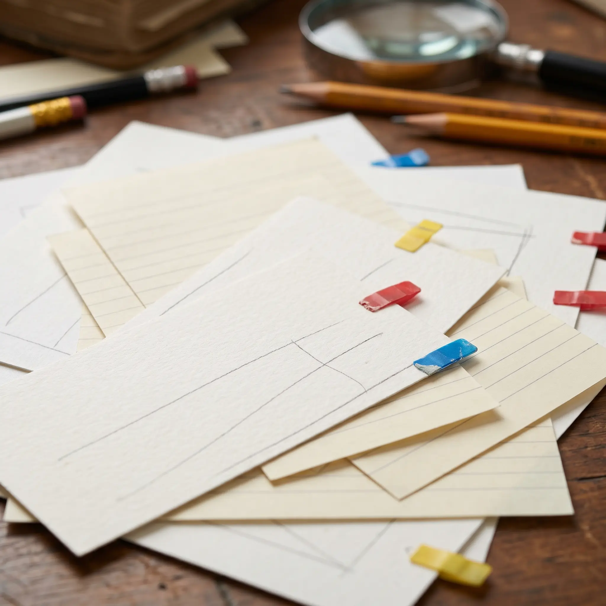Macro view of blank glossary slips and ruled paper